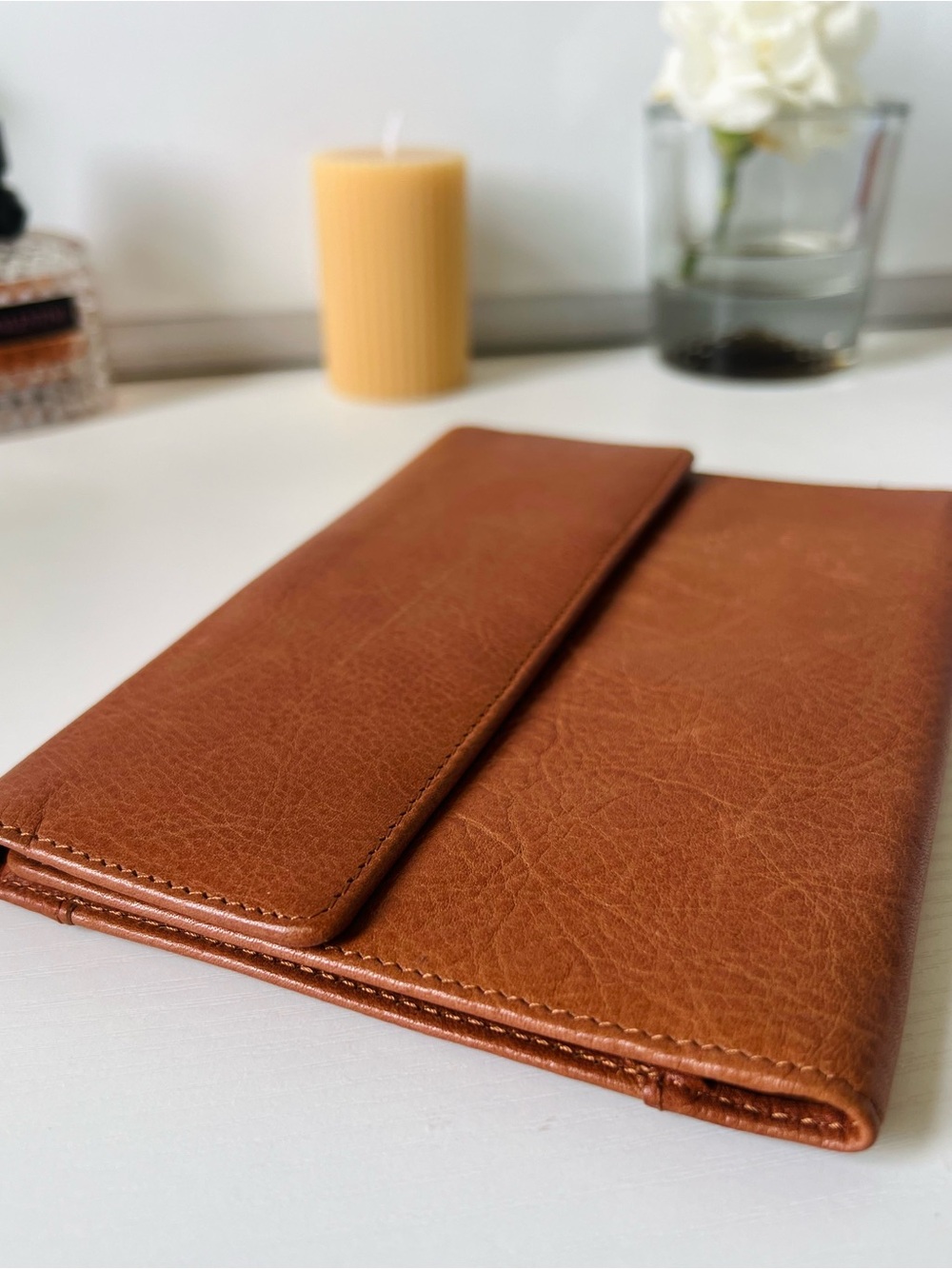 Hato Hasi Genuine Leather Brown Cognac Foldover Wallet Clutch Organizer